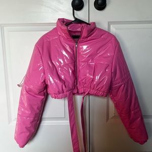 all pink crop puffer jacket